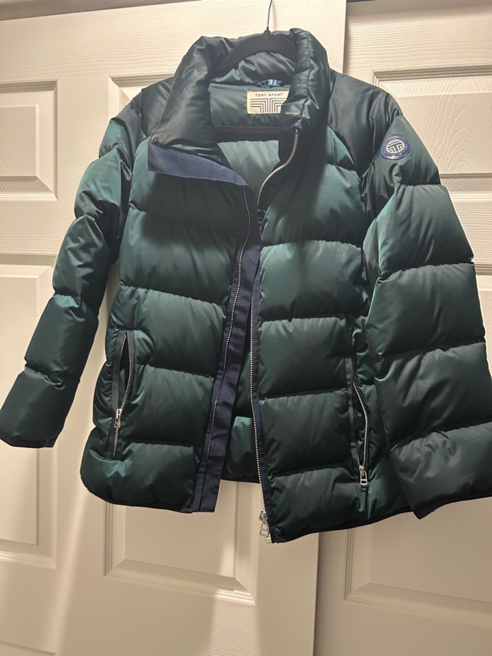 Tory Sport Dark Green Quilted Puffer Jacket with Navy Trim
